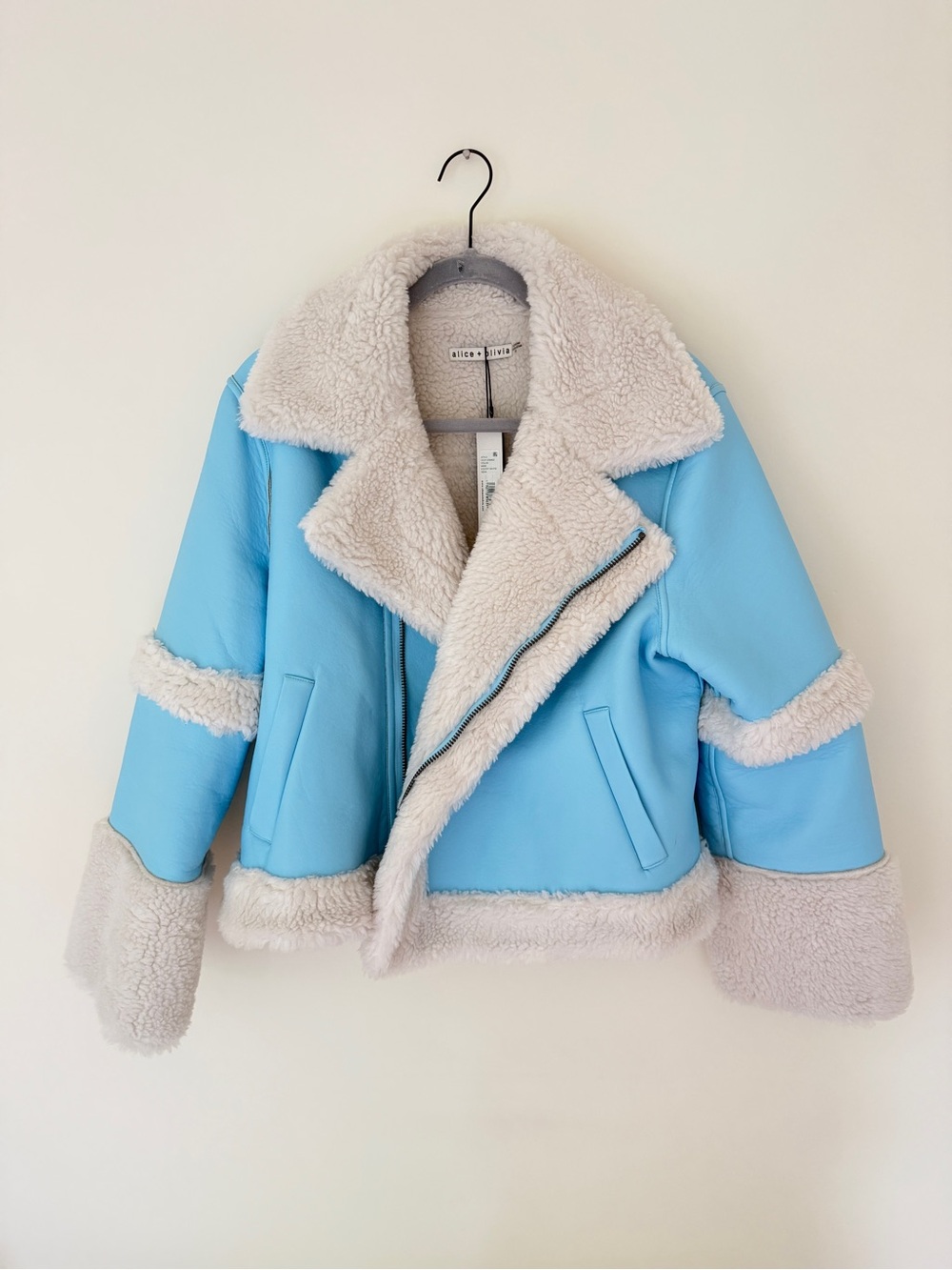 NEW Alice + Olivia Light Blue Faux Shearling-Trim Puffer Jacket